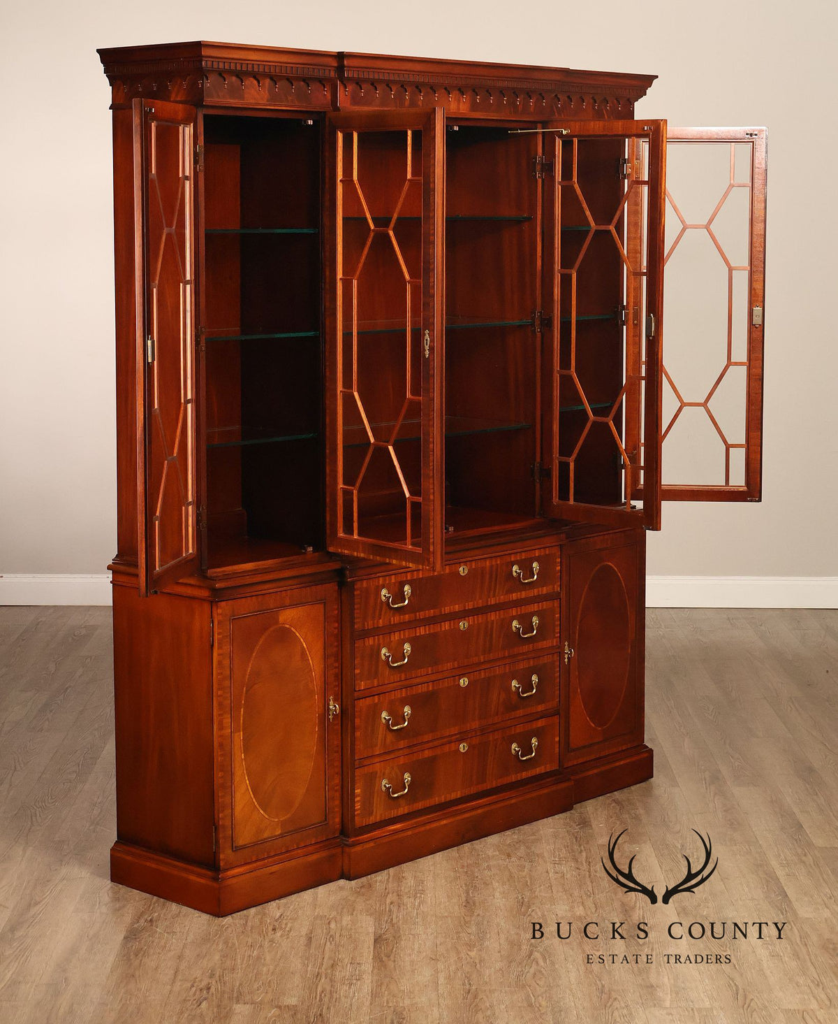 Hickory Chair Banded Mahogany Breakfront China Cabinet