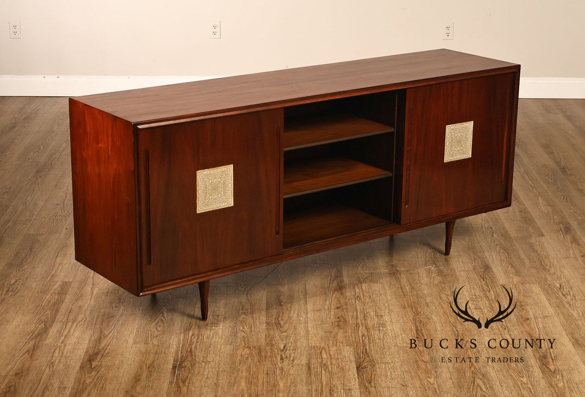 Mid Century Modern Walnut Buffet Sideboard With Decorative Tile Inlays