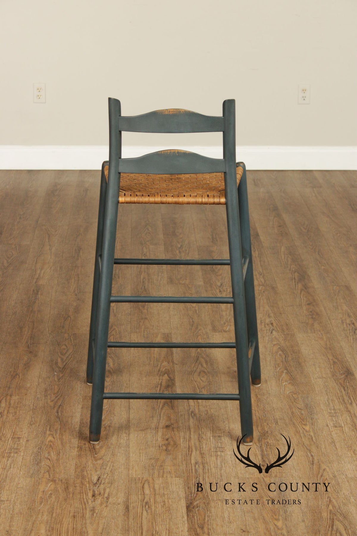 Farmhouse Style Set of Four Rush-Seat Bar Stools