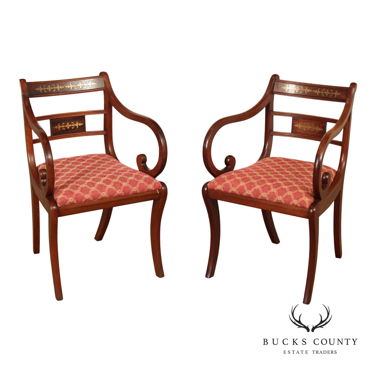 Antique English Regency Style Pair of Rosewood Brass Inlaid Armchairs