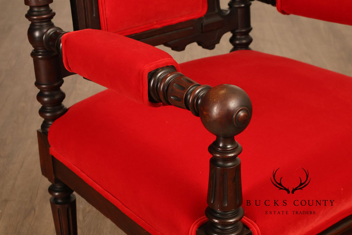 Gothic Revival Walnut Carved Wood Throne Pair Of Armchairs
