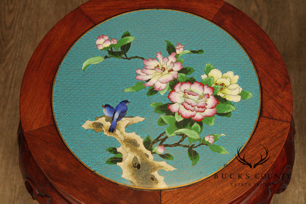 Pair of Chinese Style Cloisonné Inset Top Hardwood Accent Tables