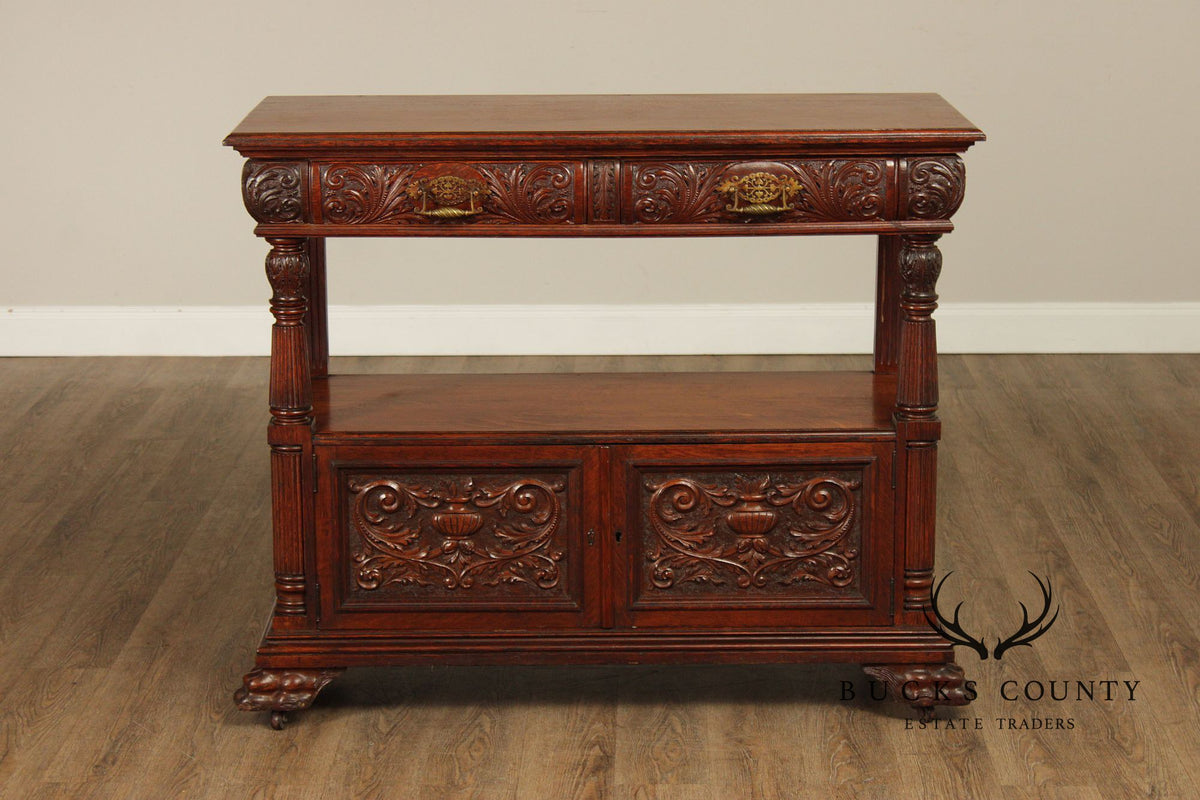 Antique Carved Oak Server Cabinet In The Manner Of R. J. Horner