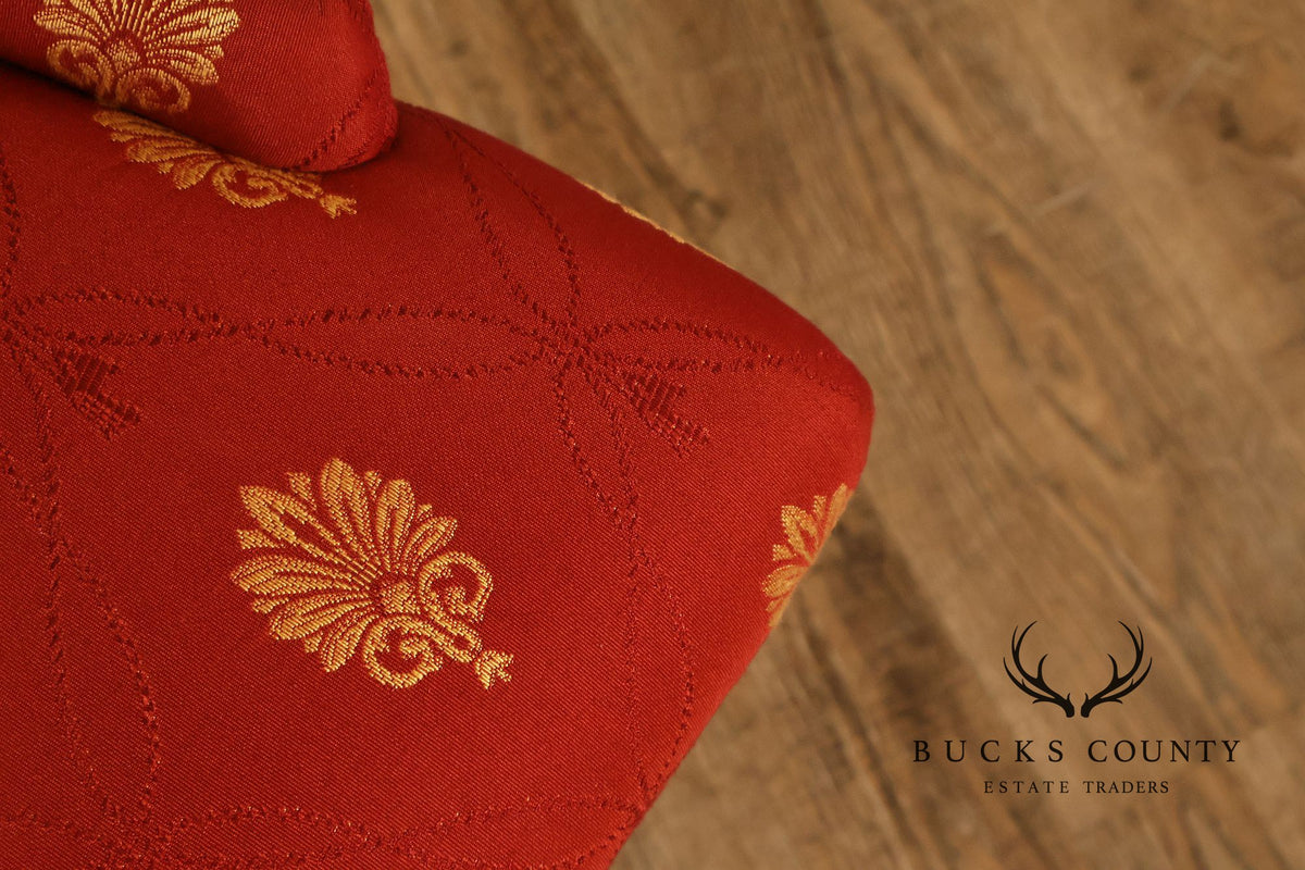 Pair Of Red And Gold Upholstered Wingback Accent Chairs With H-Stretcher Bases
