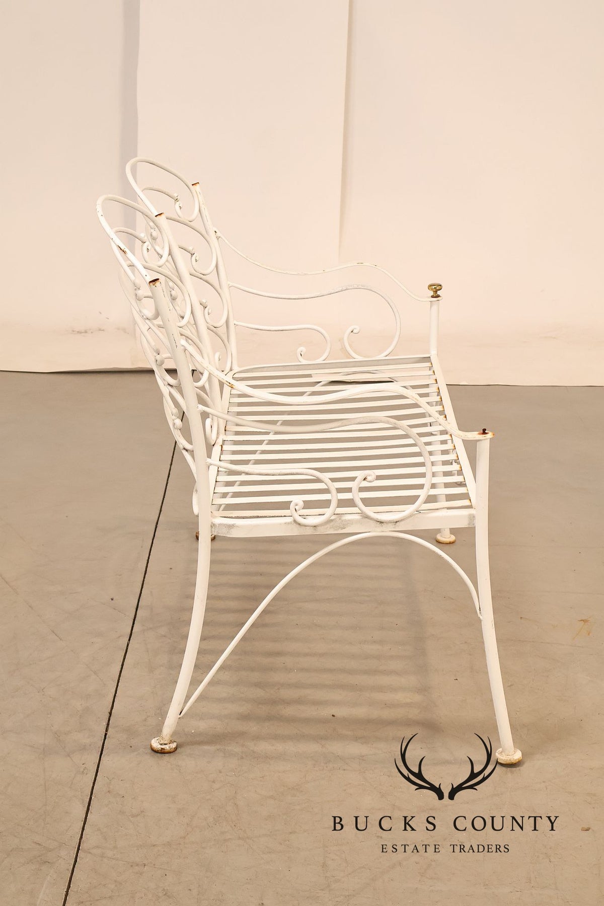 Woodard Vintage White Painted Wrought Iron Garden Bench With Scrollwork Back