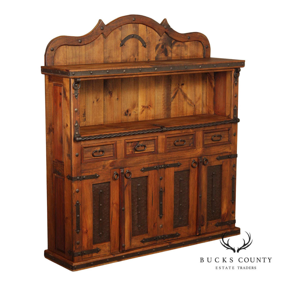 Rustic Spanish Colonial Style Pine Iron Mounted Sideboard Hutch