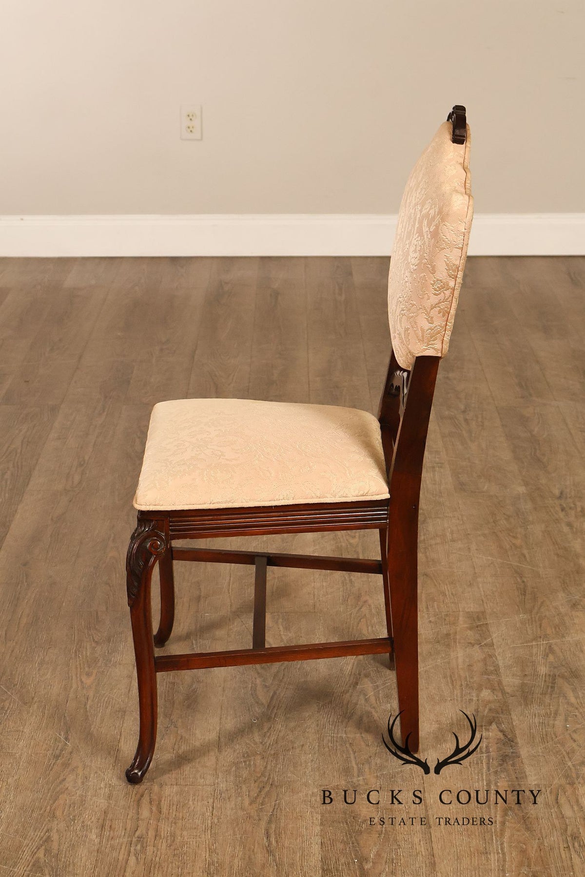 Traditional Mahogany Carved Side Chair With Floral Damask Upholstery