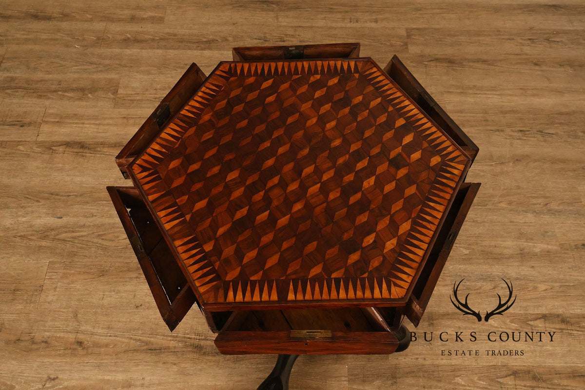 Antique British Colonial Game Table Geometric Wood Inlay
