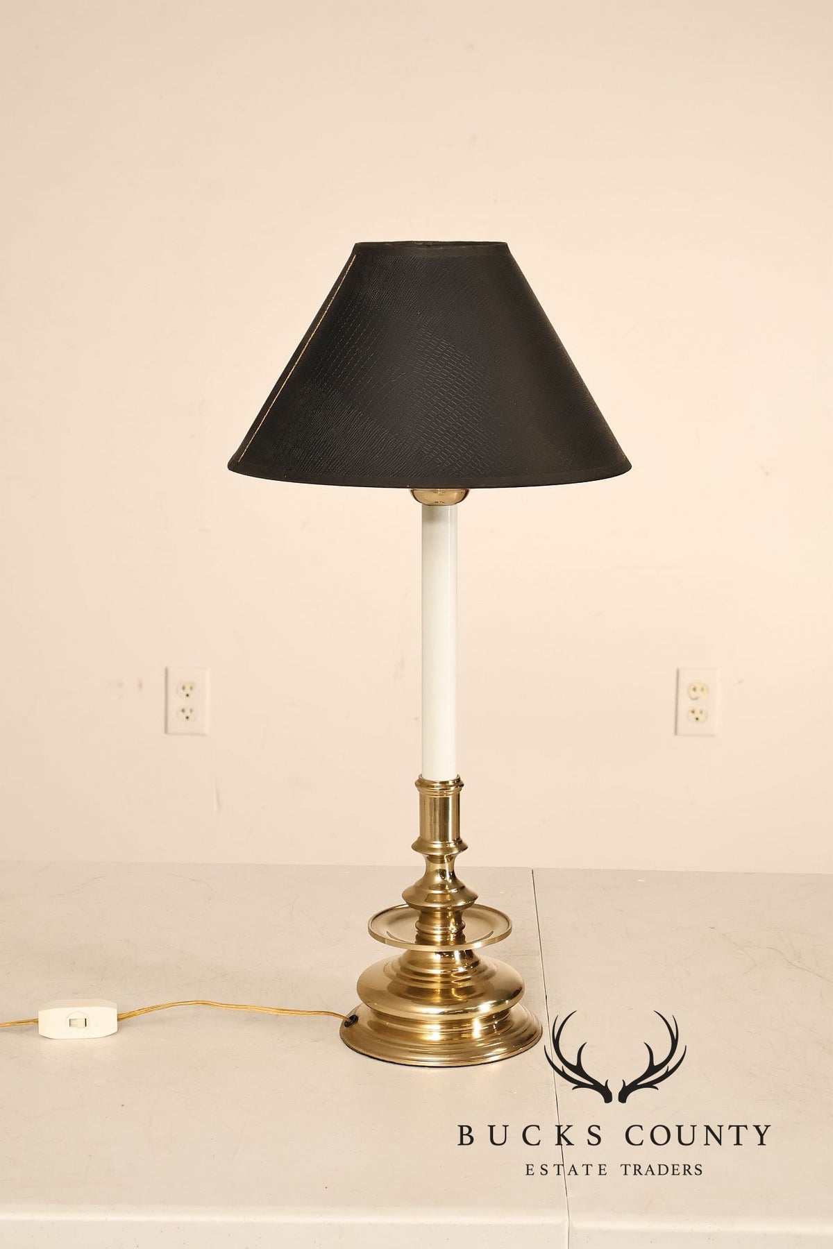 Pair of Brass Candlestick Style Table Lamps with Black Faux Alligator Shades
