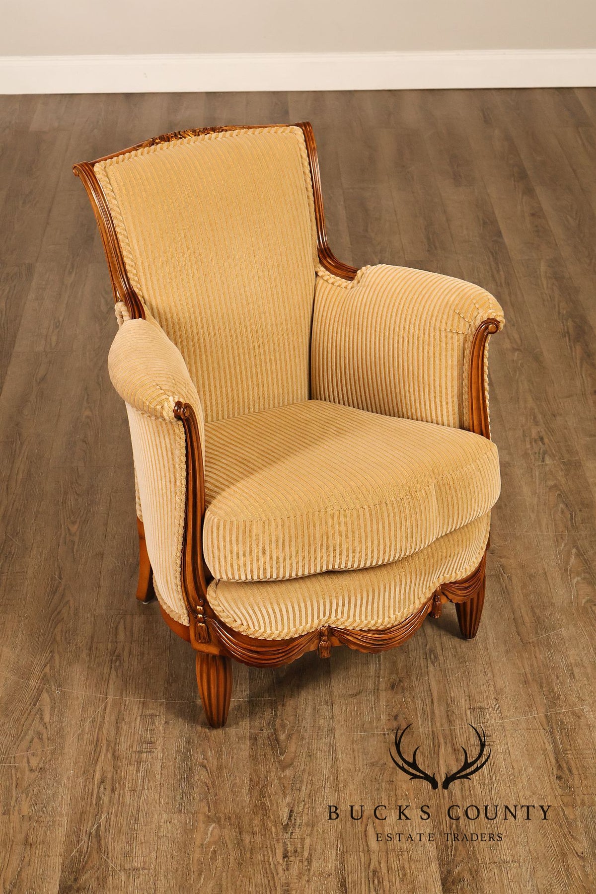 Medea Furniture Pair of Louis XVI Style Carved Bergere Armchairs With Gold Striped Velvet Upholstery