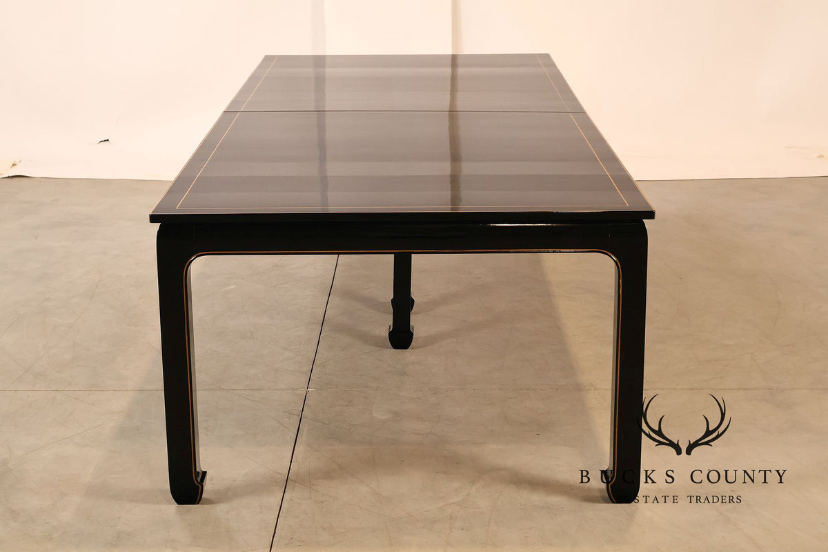 Custom Black Lacquered 12 Foot Extendable Dining Table With Gold Line Inlay