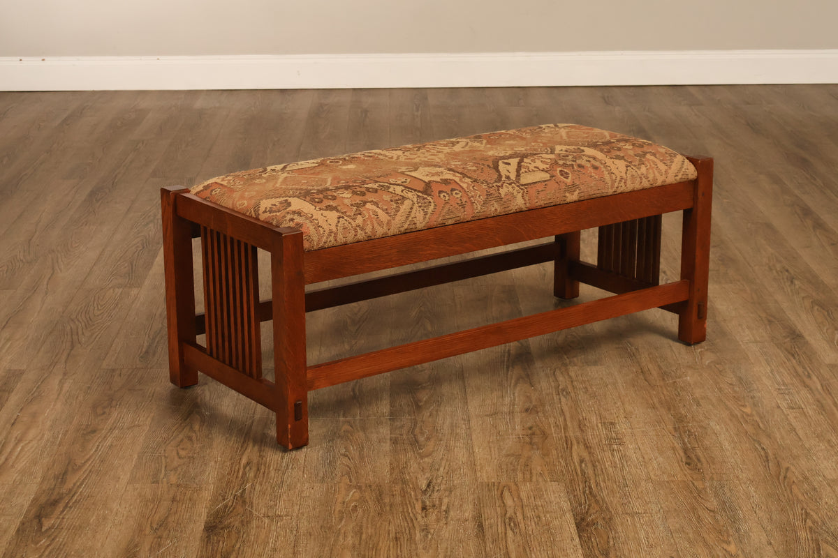 Stickley Mission Collection Oak Spindle Bench With Upholstered Seat