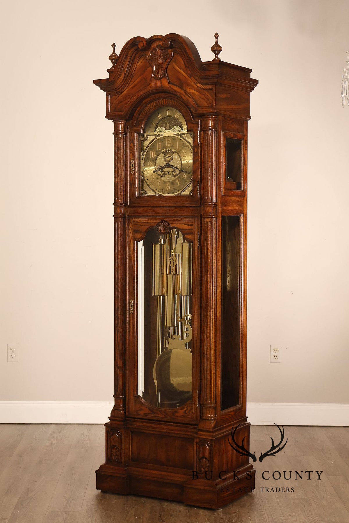 Sligh Traditional Oak Triple Chime Grandfather Clock With Moon Phase Dial