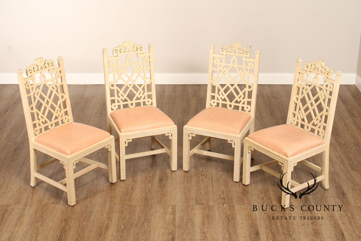 Chinese Chippendale Style Vintage Set Of 4 Painted Dining Chairs