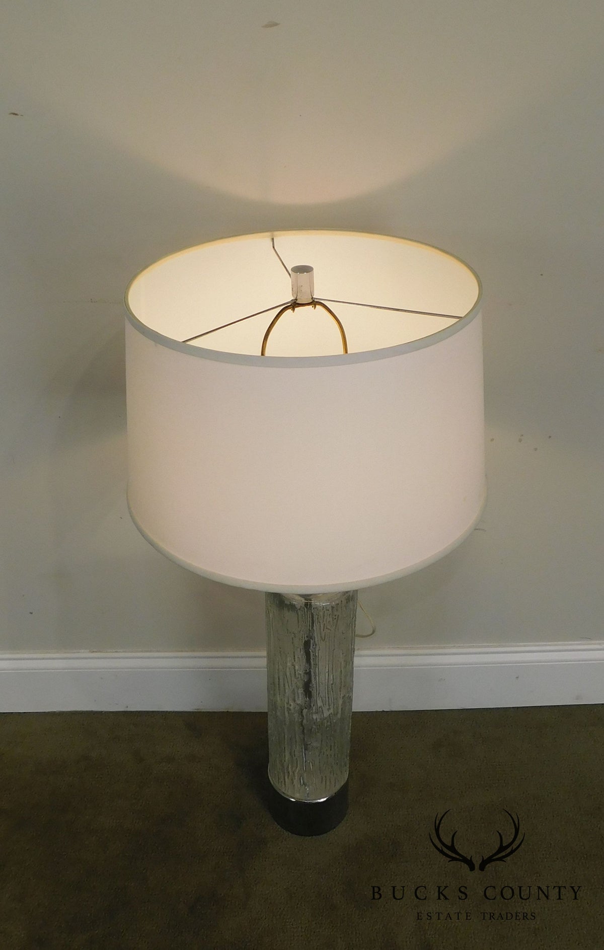 Mid Century Modern Pair of Chrome & Patterned Glass Column Lamps - 1970's