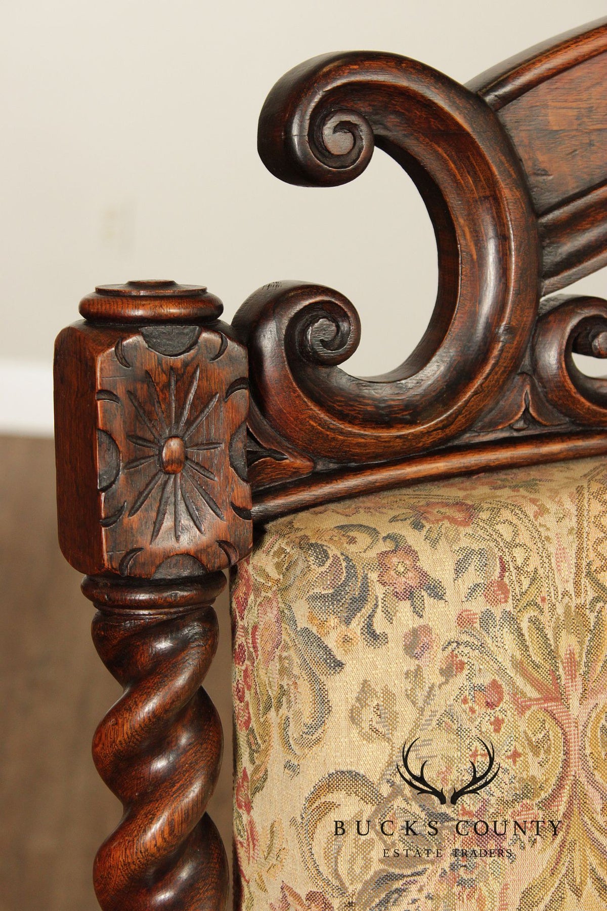 Antique Gothic Revival Barley Twist Carved Oak Throne Chair