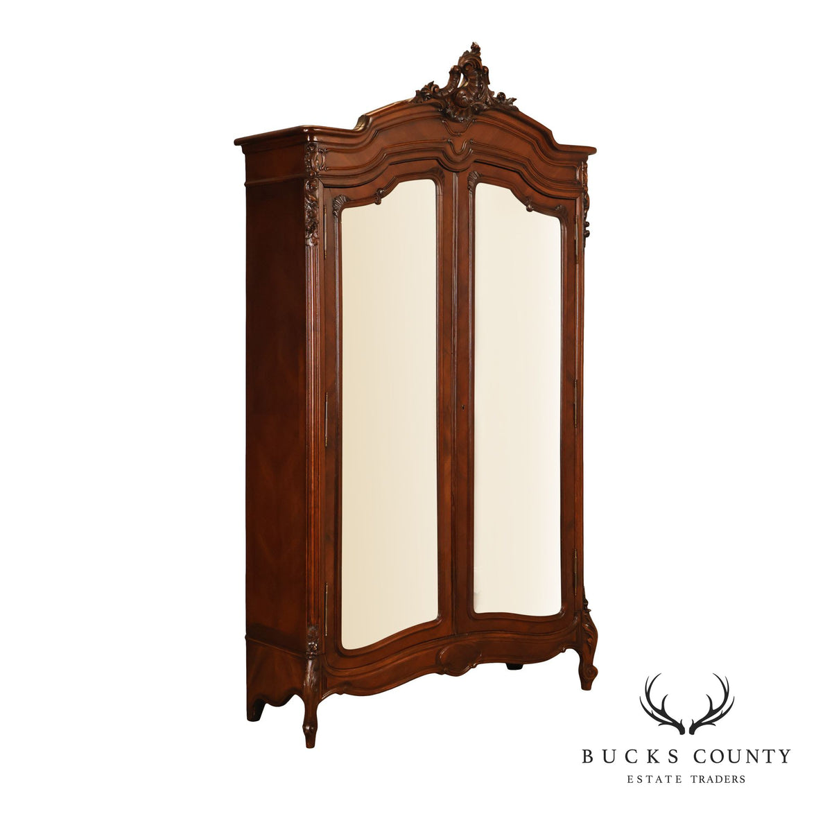 French Louis XV Style Antique Carved Mahogany Mirrored Armoire