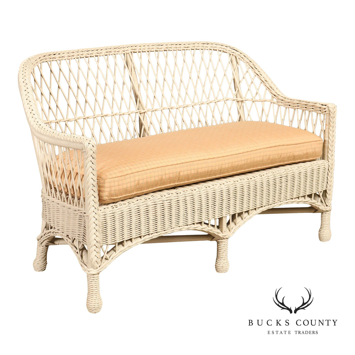 Vintage White Wicker Loveseat With Upholstered Seat Cushion