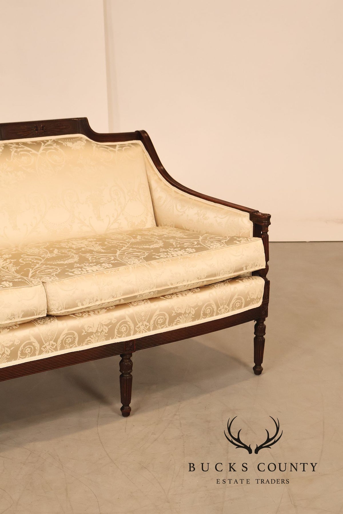 Federal Sheraton Style Upholstered Sofa With Carved Wood Frame