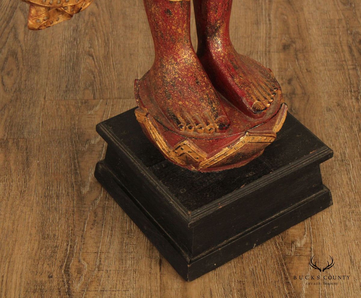 Burmese Mandalay Gilded Red Lacquer Tall Standing Buddha