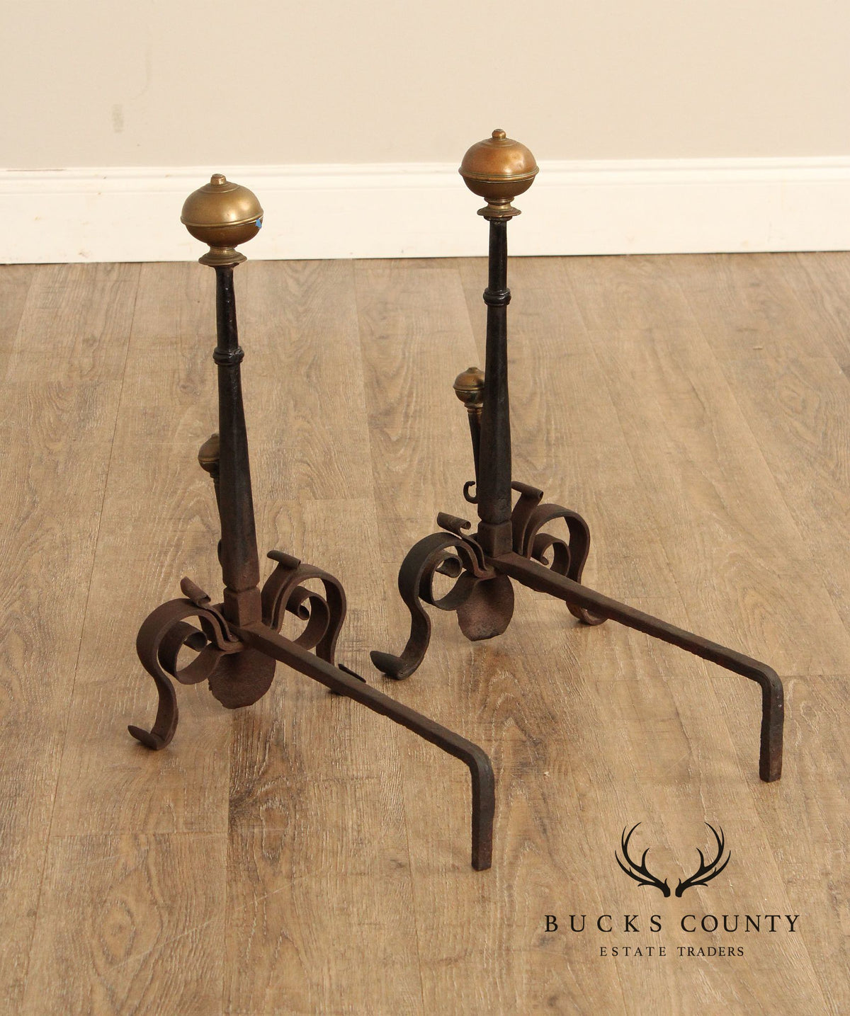 Antique Pair of Forged Iron and Brass Fireplace Andirons