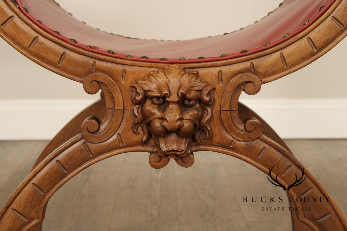Antique Renaissance Revival Pair of Carved Walnut Savanarola Chairs