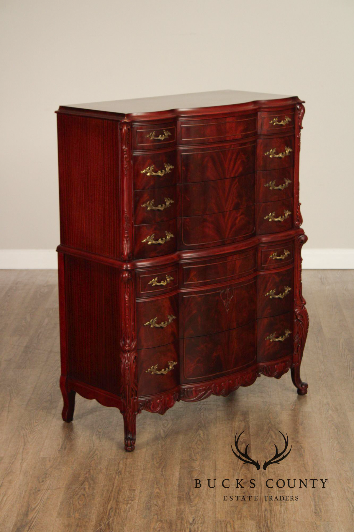 1940's French Louis XV Style Flame Mahogany Tall Chest