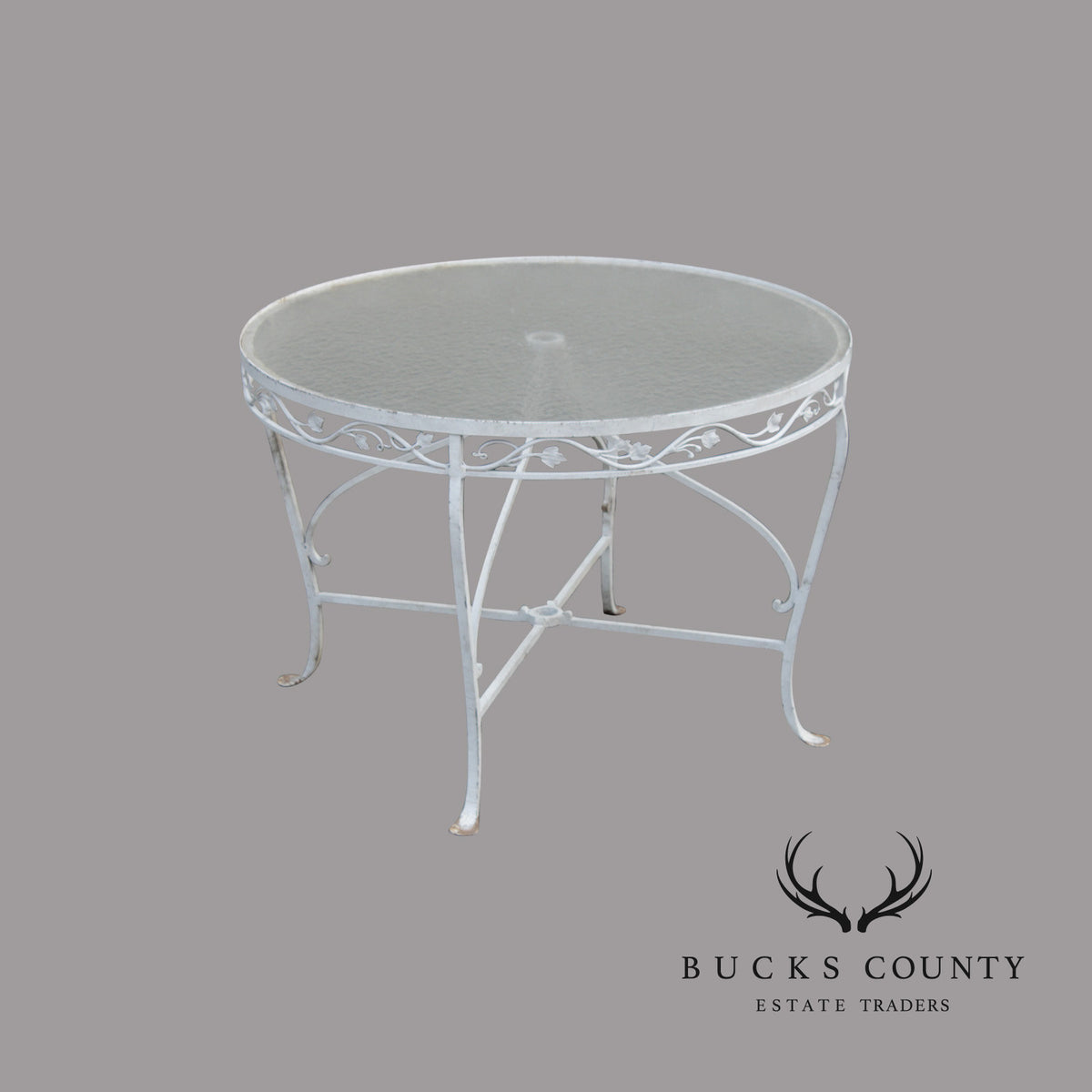 Vintage Round Glass Top Wrought Iron Outdoor Patio Dining Table