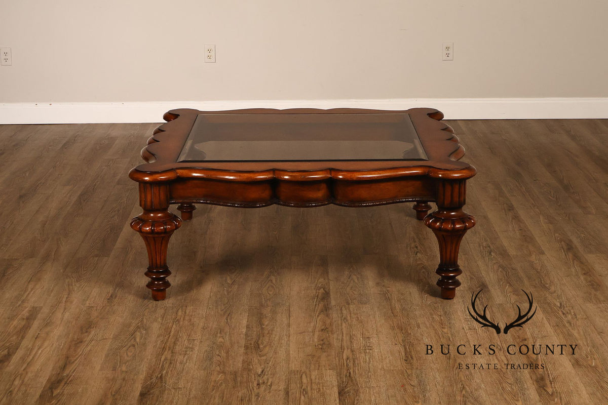 Mediterranean Style Carved Wood And Glass Square Coffee Table