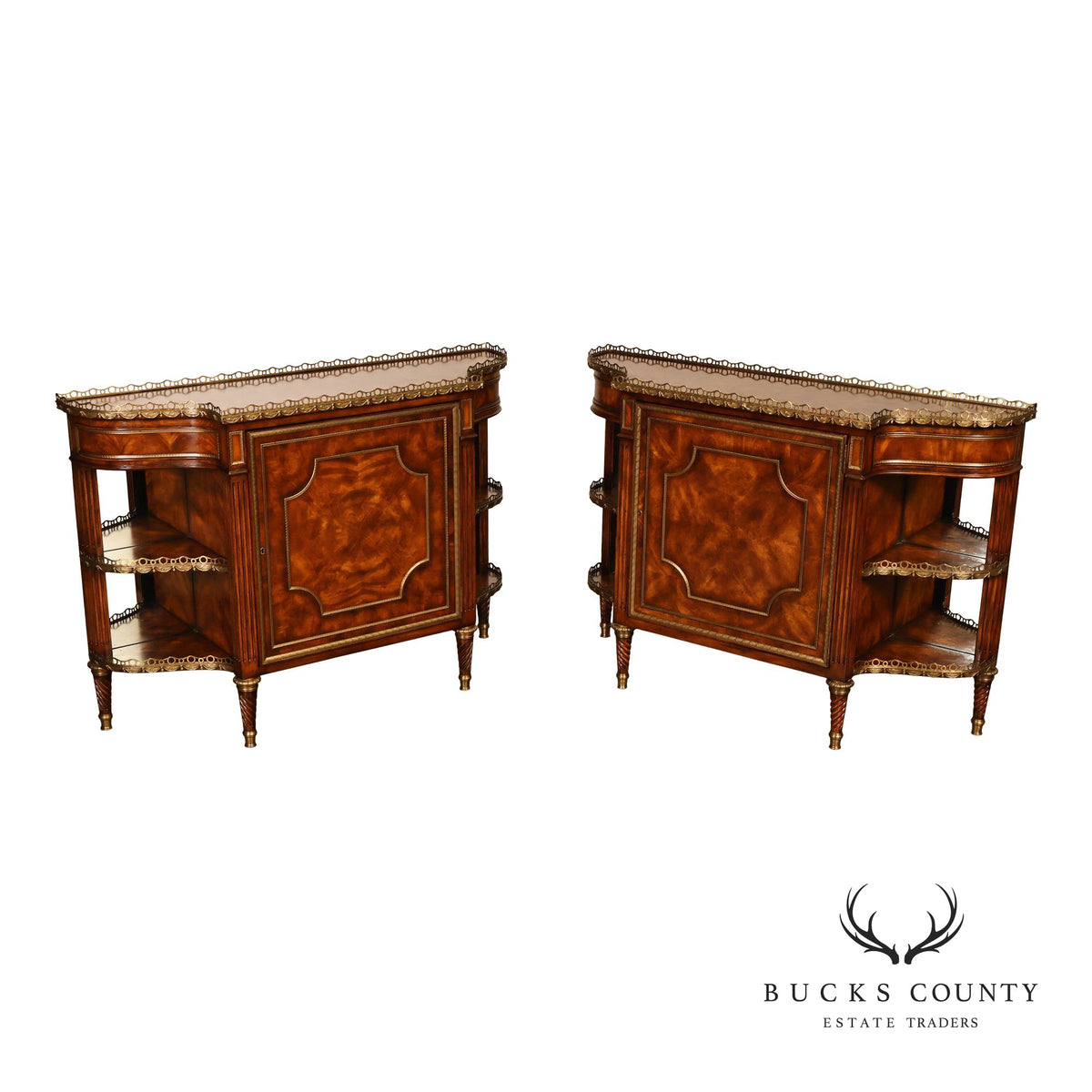 Theodore Alexander French Louis XVI Style Burl Wood Brass Mounted Gallery Top Pair Of Side Cabinets