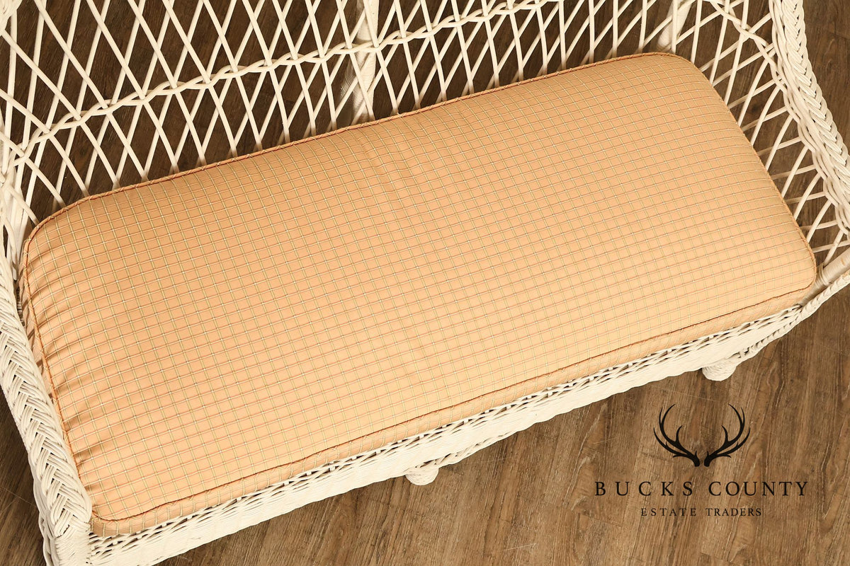 Vintage White Wicker Loveseat With Upholstered Seat Cushion