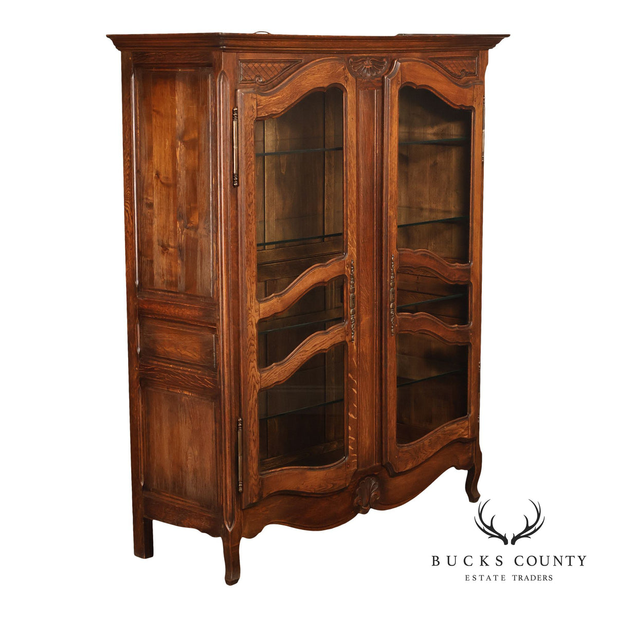 French Country Louis XV Style Vintage Oak China Display Cabinet