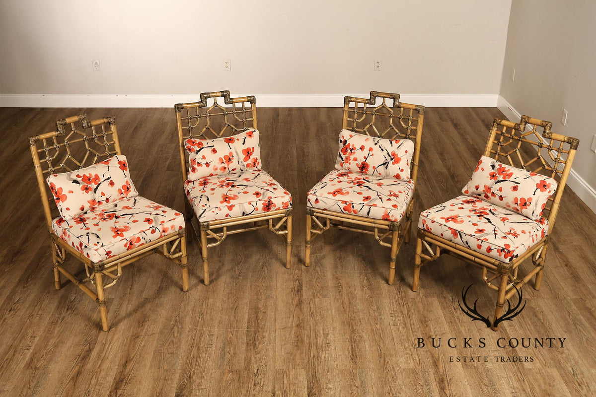 Chinese Chippendale Style Set Of Four Rattan Bamboo Dining Chairs