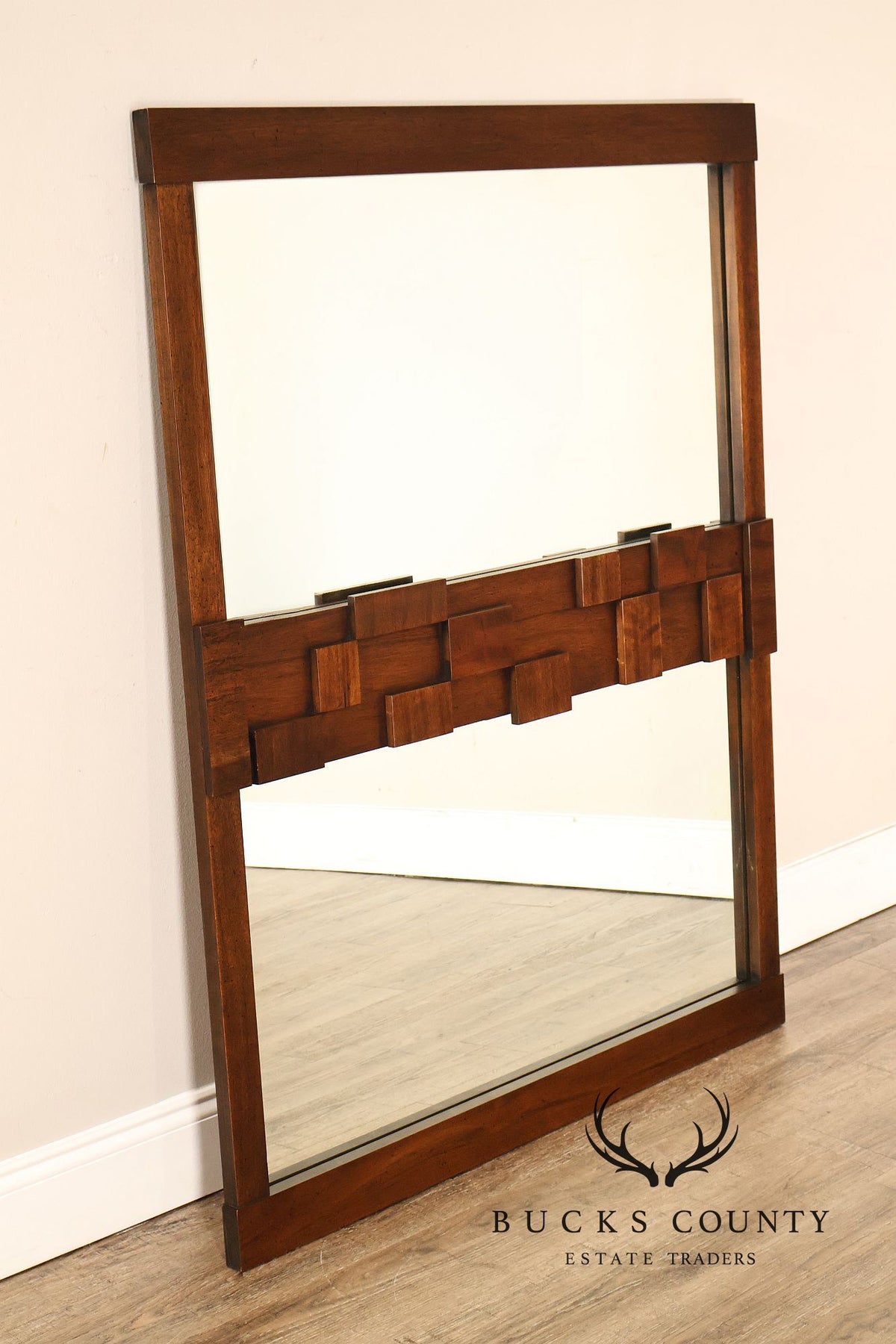 Lane Mid-Century Modern Brutalist Walnut Geometric Wall Mirror