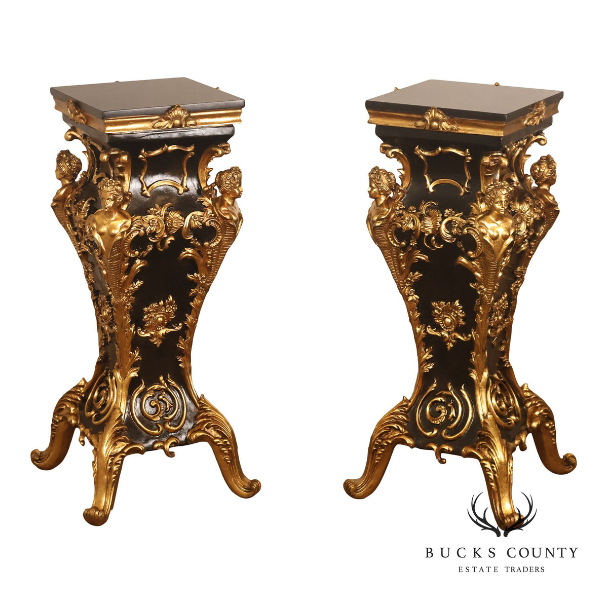 Italian Renaissance Style Pair of Slate Top Figural Carved Pedestals
