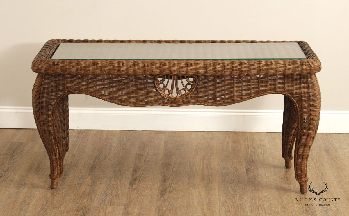 ETHAN ALLEN VICTORIAN STYLE VINTAGE WICKER CONSOLE TABLE