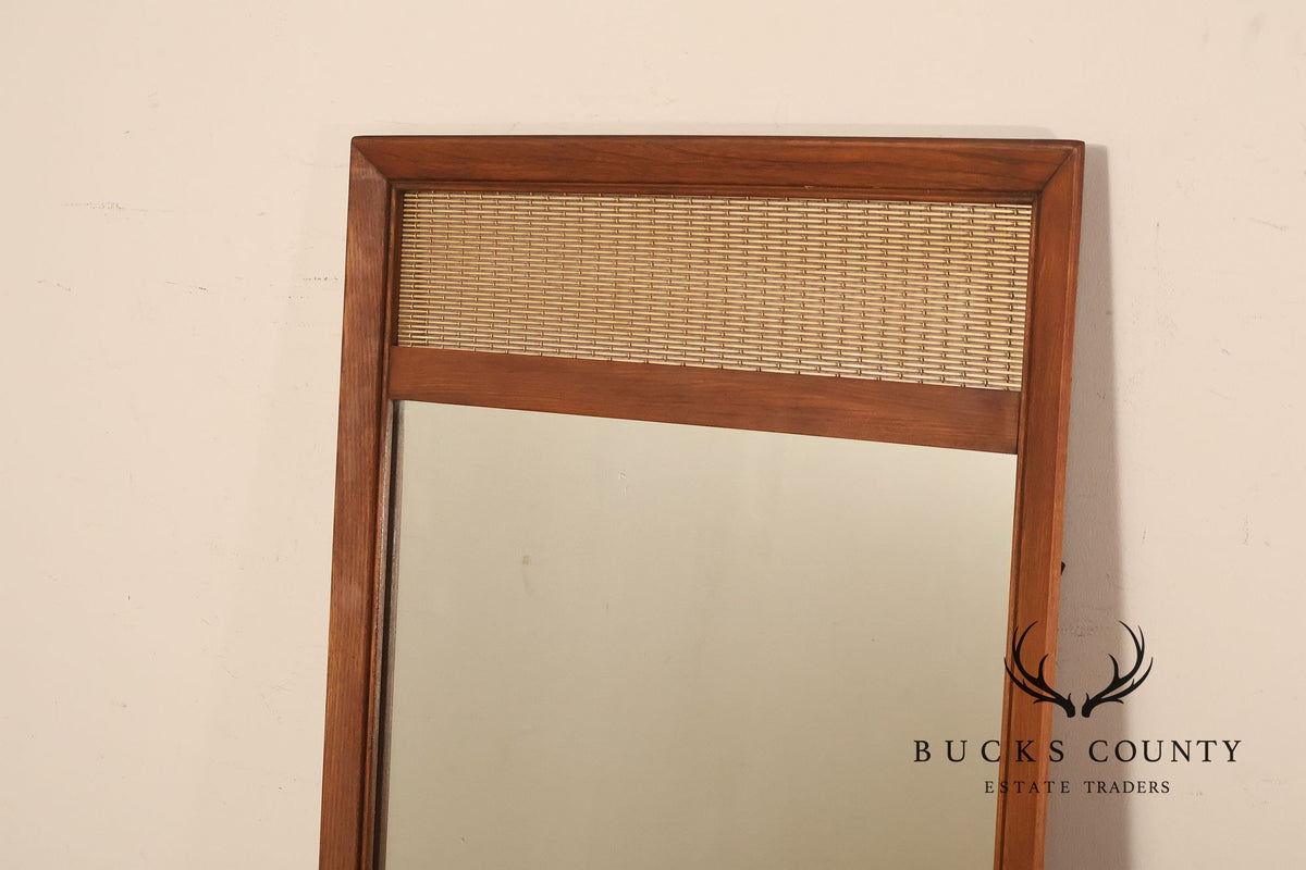 Mid Century Modern Pair of Walnut and Woven Brass Wall Mirrors