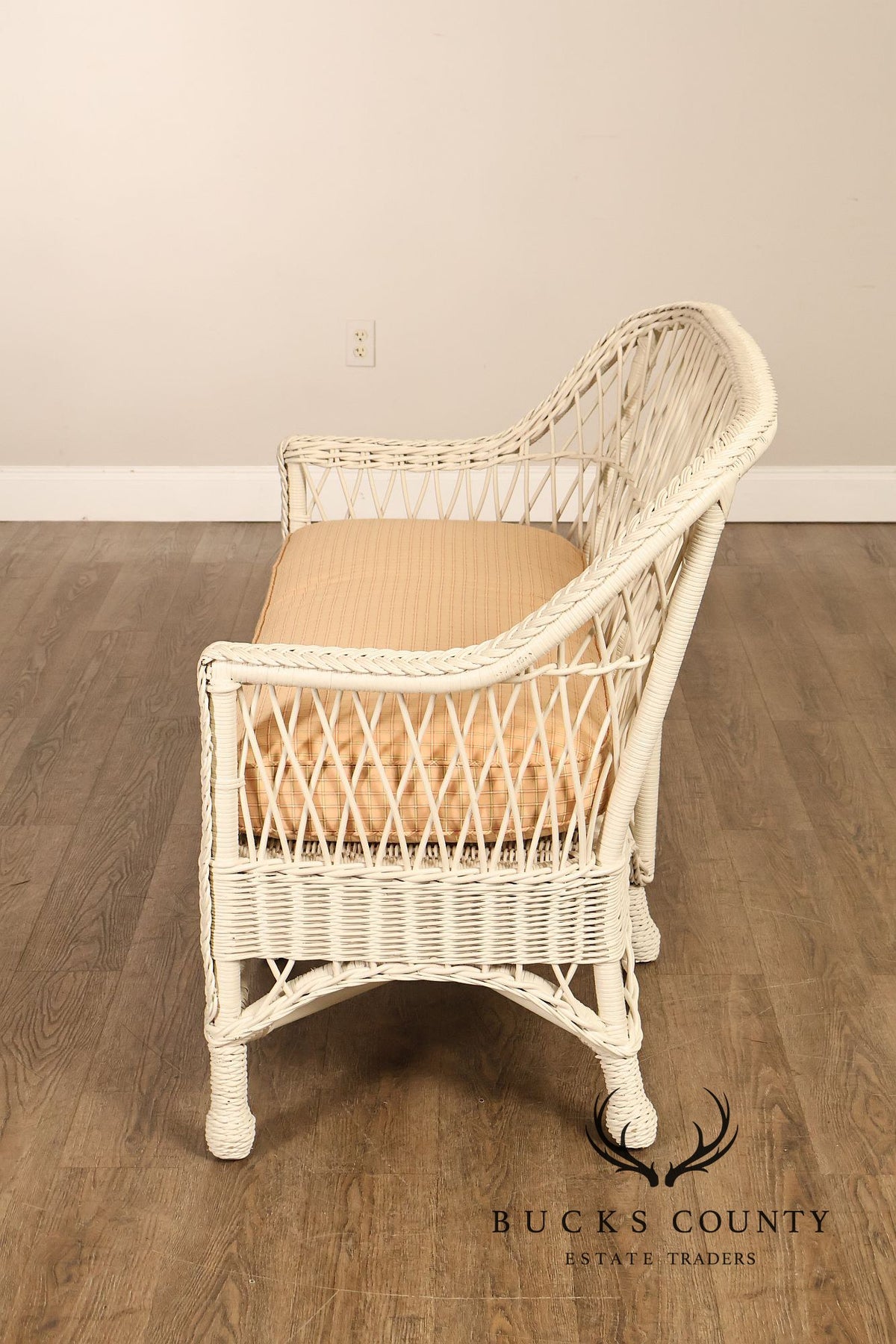Vintage White Wicker Loveseat With Upholstered Seat Cushion