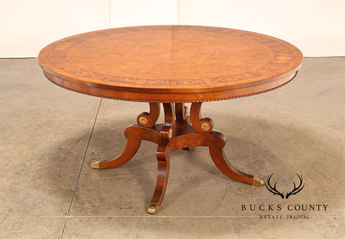 Francesco Molon Italian Neoclassical Style 60" Round Inlaid Burl Wood Dining Table