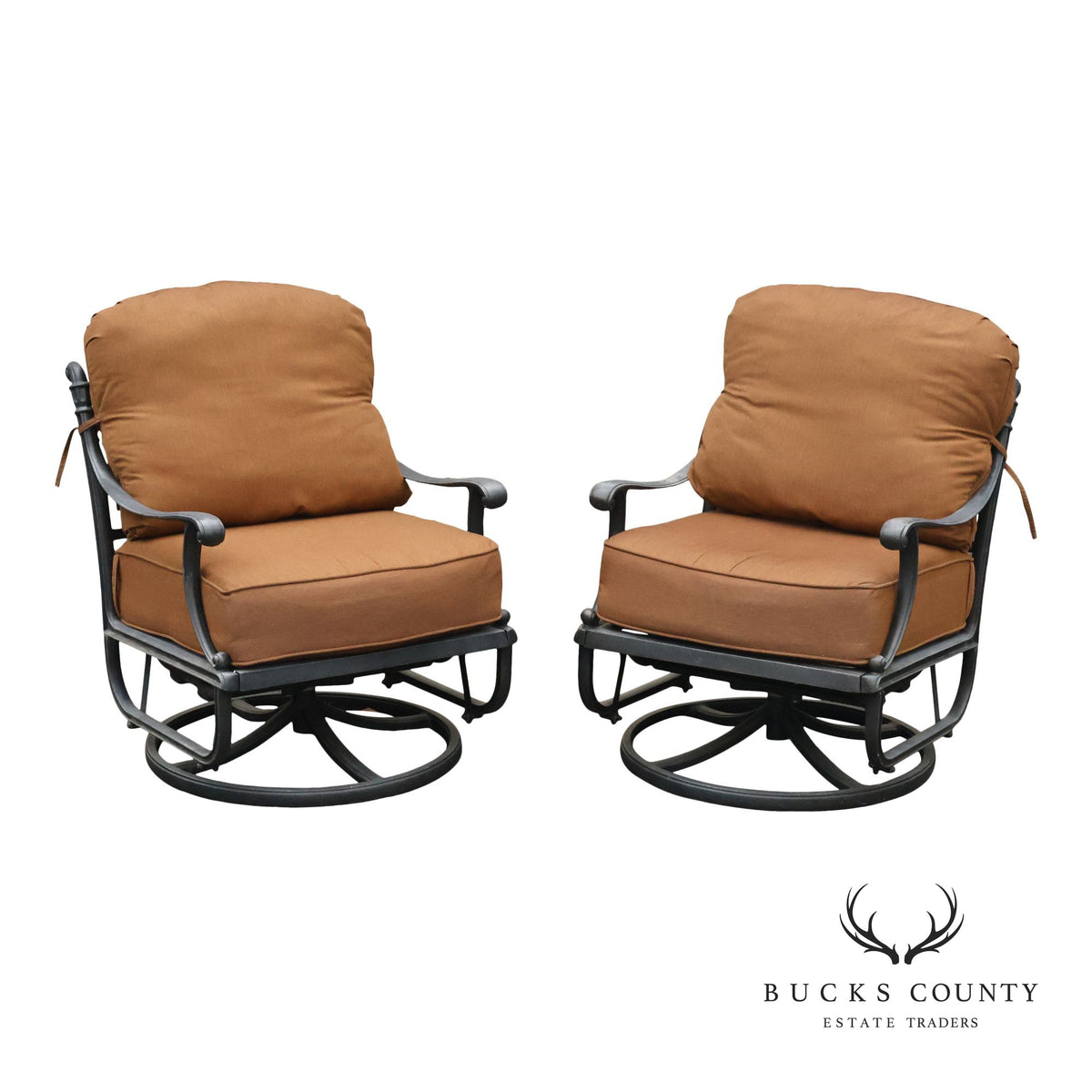 Cast Aluminum Pair Of Outdoor Swivel Lounge Chairs With Cushions