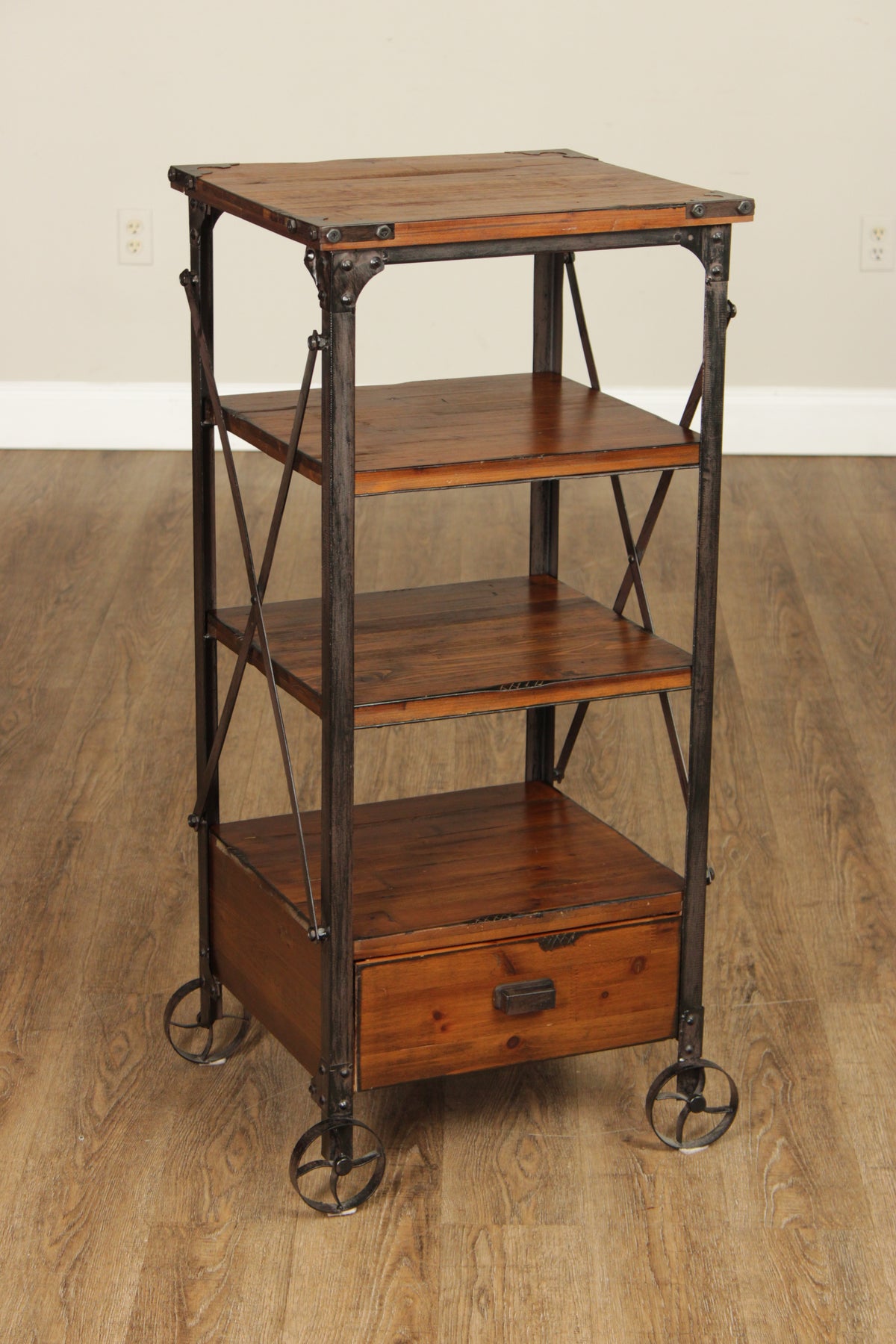 Industrial Rustic Pine And Iron Rolling Shelf With Drawer