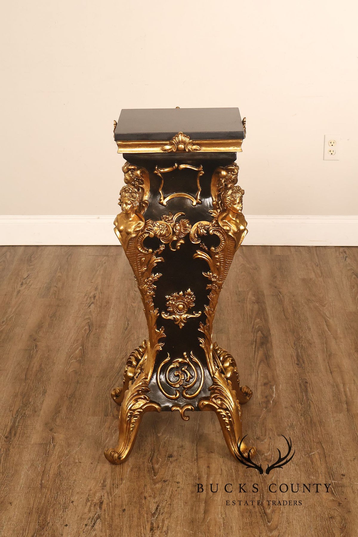 Italian Renaissance Style Pair of Slate Top Figural Carved Pedestals