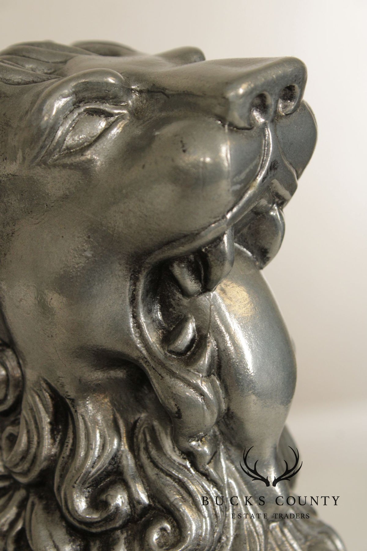 Vintage Pair Of Silvered Metal Lion Bookends