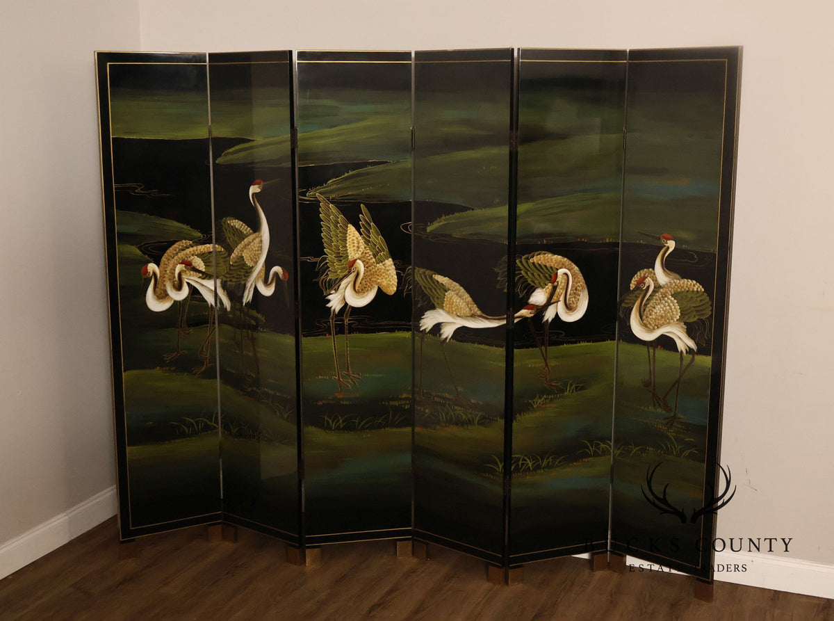 Japanese Style Hand Painted Lacquered Six-Panel Room Divider