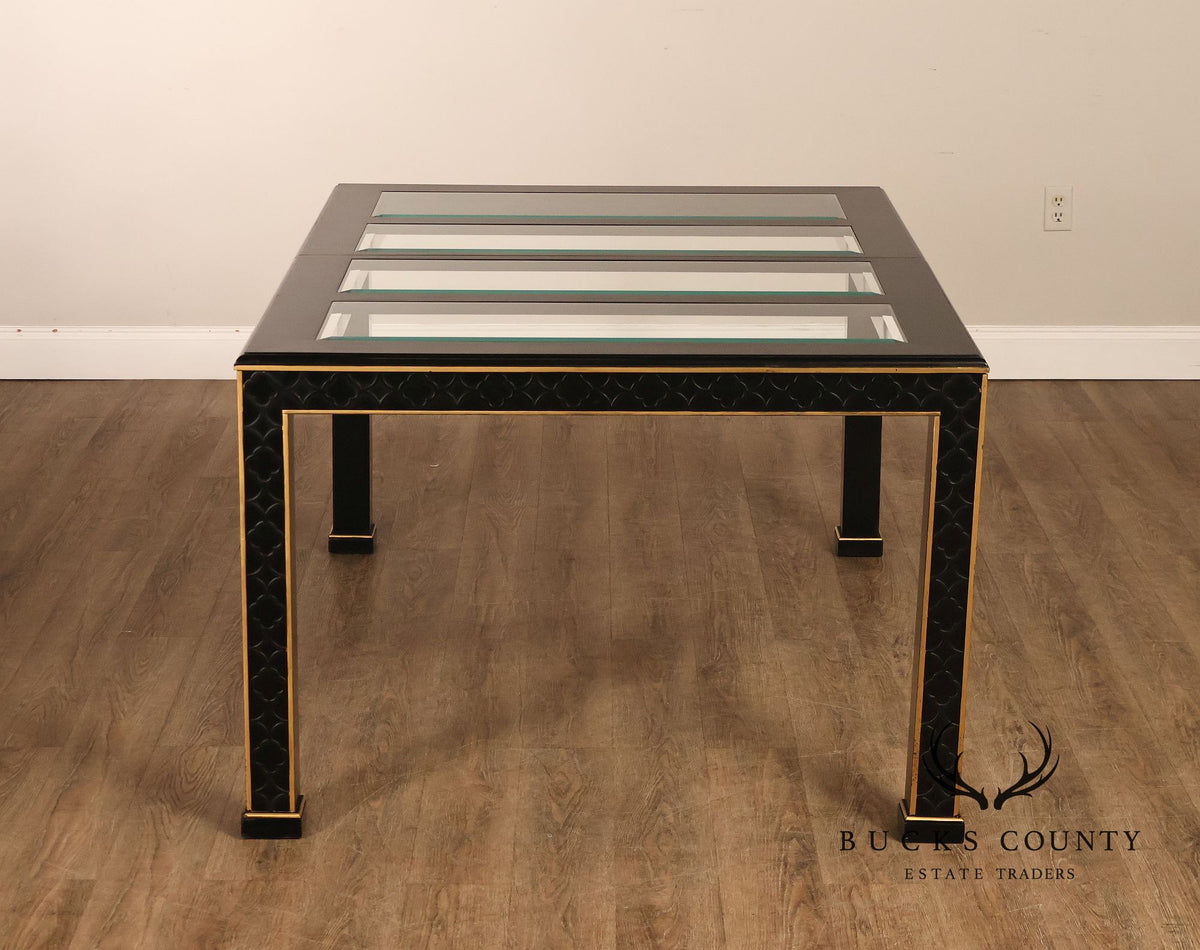Chinese Chippendale Black Lacquered Dining Table With Two Leaves, Inset Glass