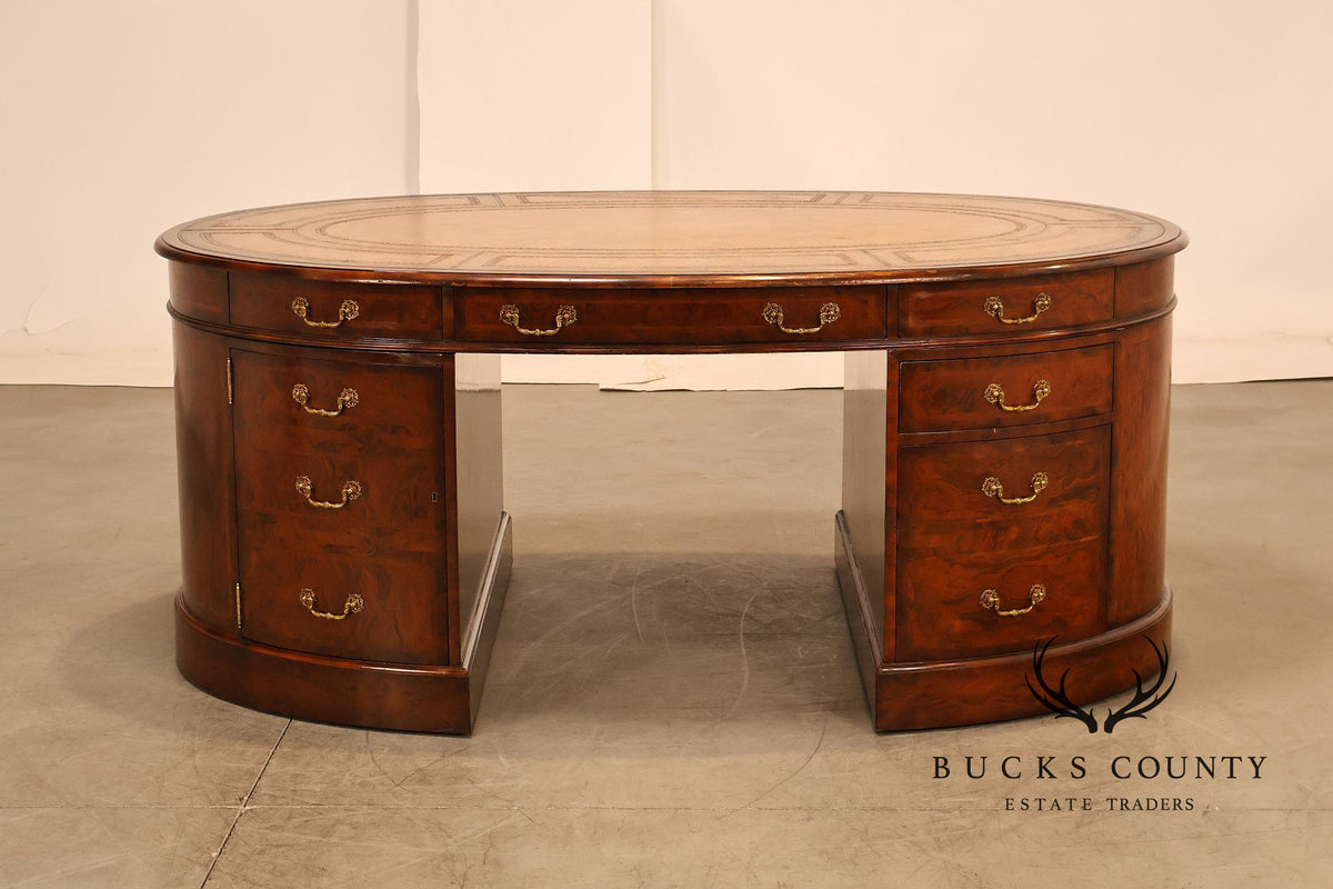 Maitland-Smith Oval Burl Wood Leather Top Partner Desk with Brass Hardware