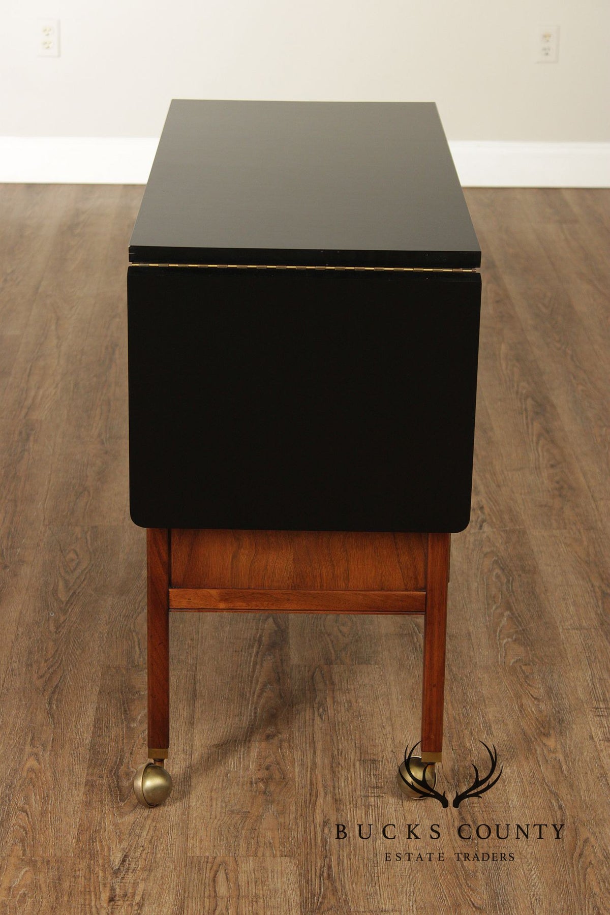 American Of Martinsville Mid Century Walnut And Rosewood Drop Leaf Bar Cart