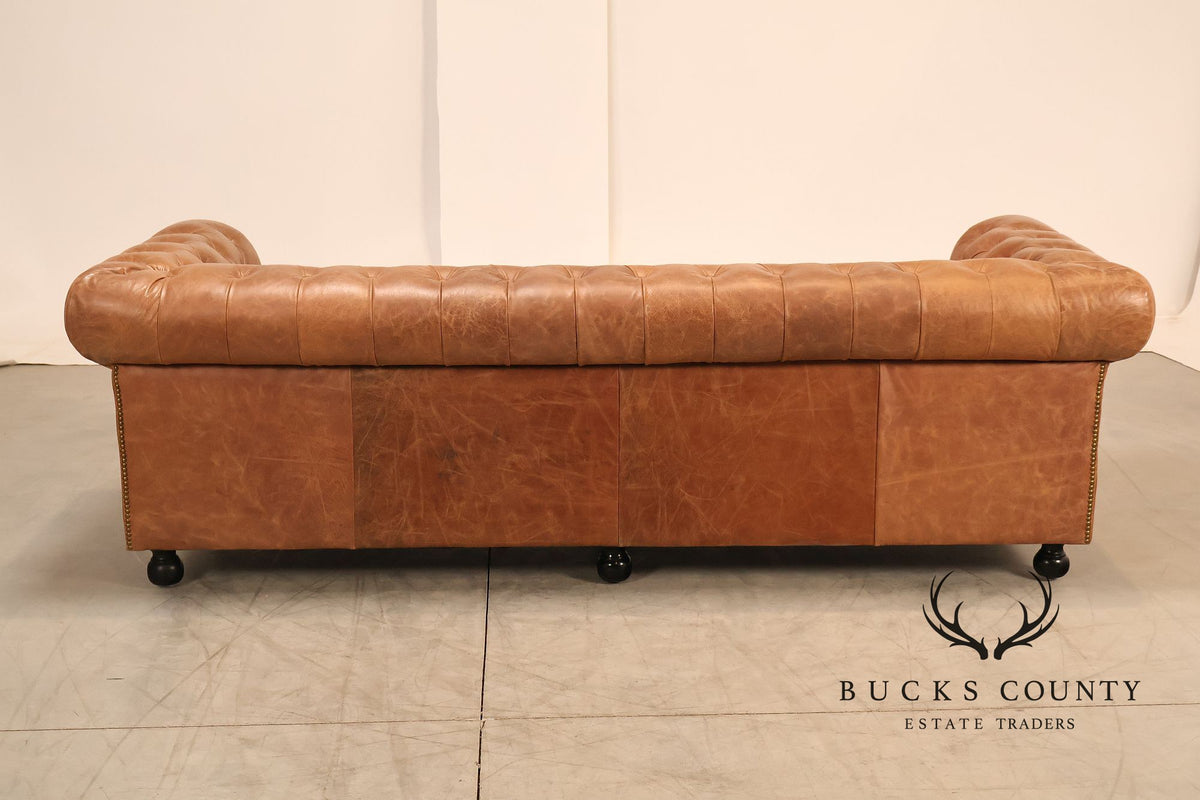 Chesterfield Style 8 Foot Distressed Brown Tufted Leather Sofa