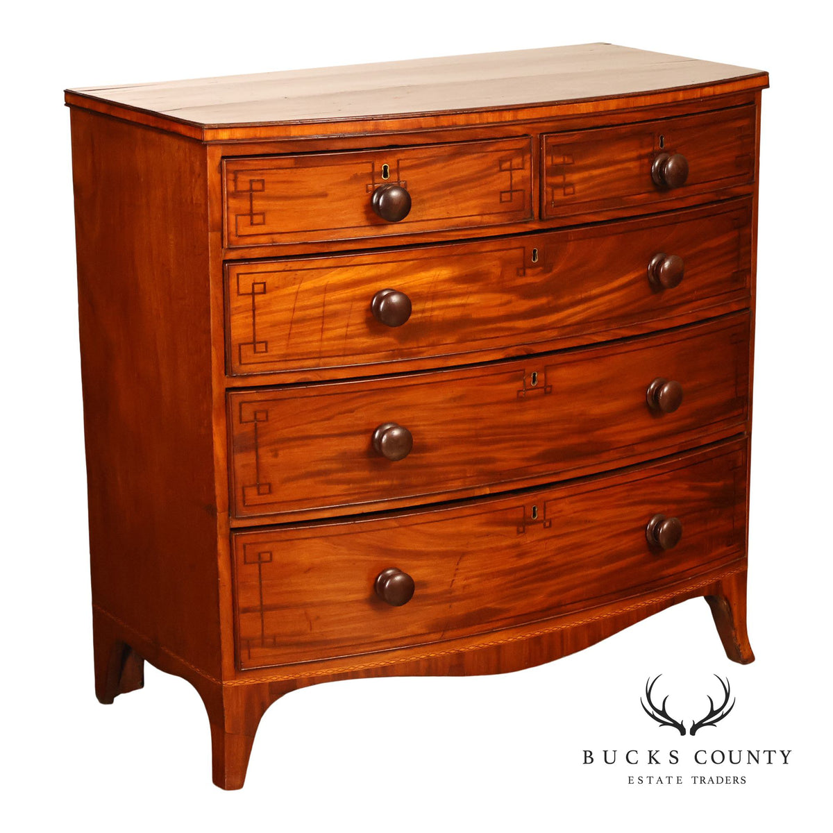 Antique English Sheraton Style Inlaid Bow Front Chest Of Drawers