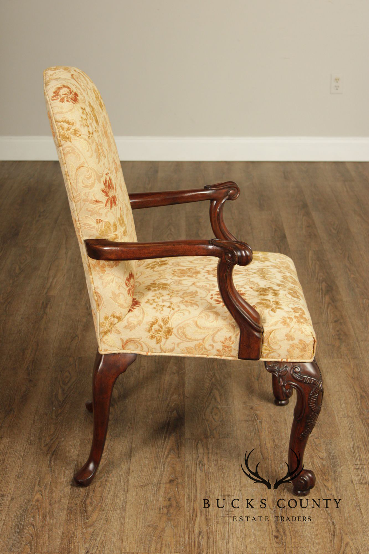Henredon Scroll and Floral Upholstered Cabriole Leg Armchairs